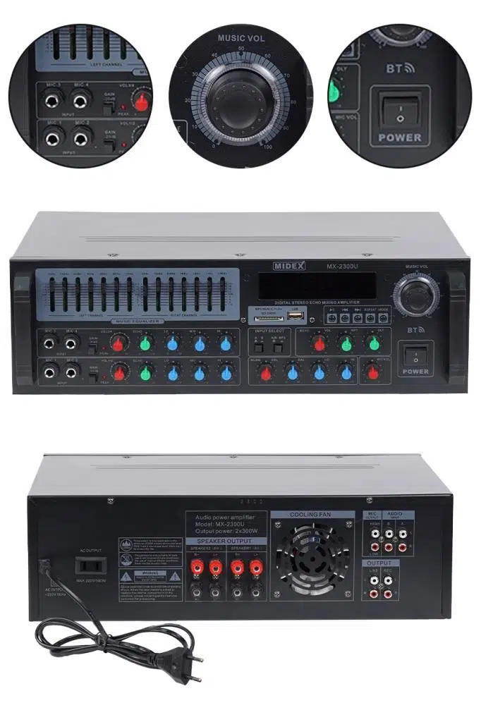 Midex MX-2300U 4 Kanal 2x300W Stereo Amfi 600W Power Mikser Bluetooth USB