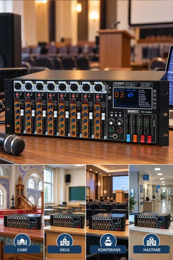 Midex MX-2400U Rack Tipi Power Mikser 2x600W 8 Kanal USB-BT Amfili Mixer Efektli