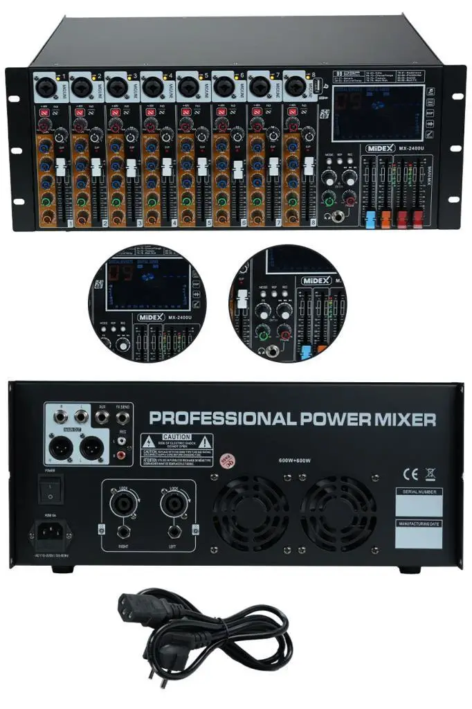 Midex MX-2400U Rack Tipi Power Mikser 2x600W 8 Kanal USB-BT Amfili Mixer Efektli