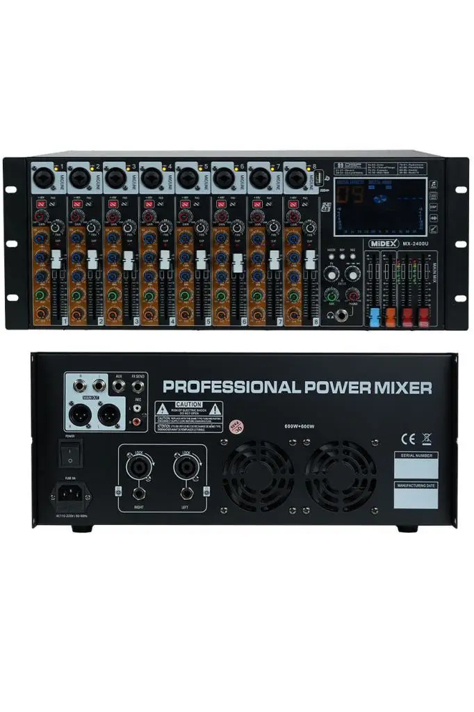 Midex MX-2400U Rack Tipi Power Mikser 2x600W 8 Kanal USB-BT Amfili Mixer Efektli