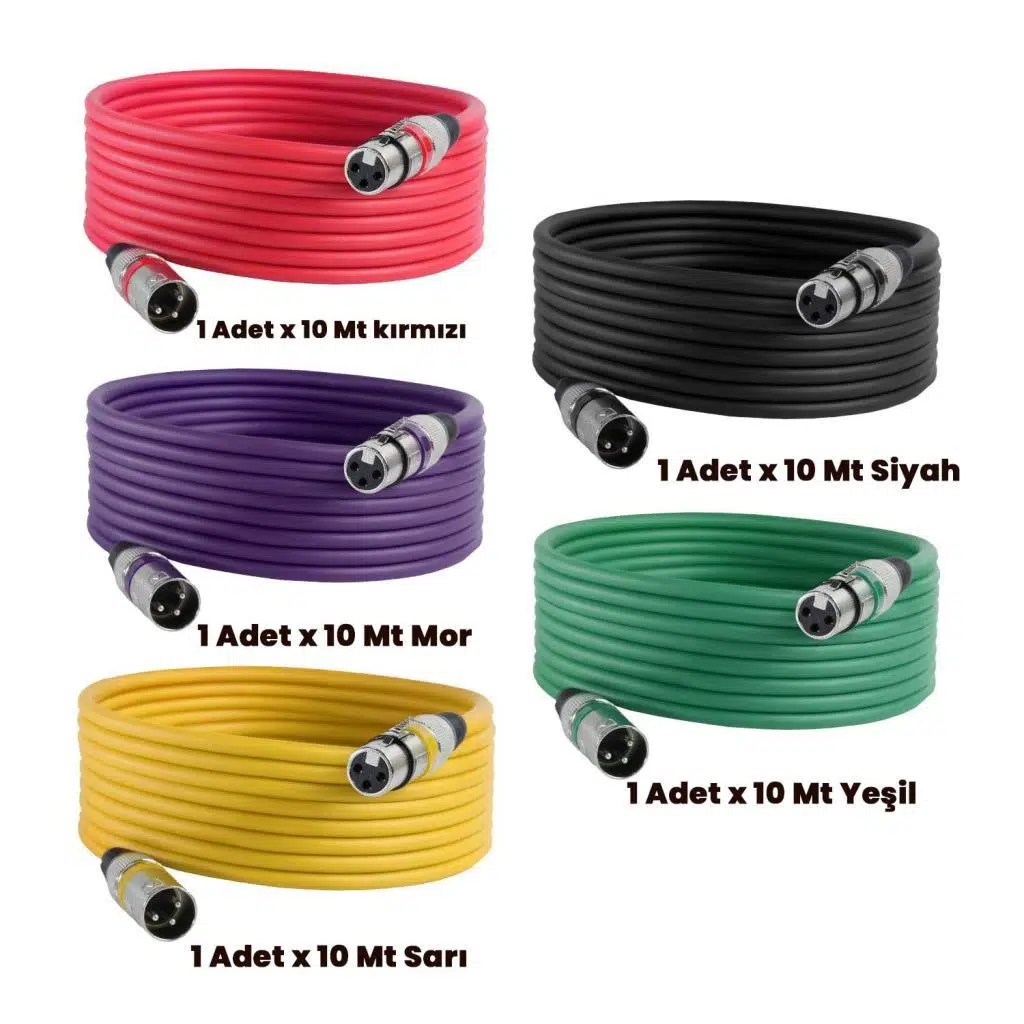 Midex MXL-10M-5x Kaliteli XLR TO XLR 10 mt. Mikrofon Kablosu (5 Adet 5 Renk)