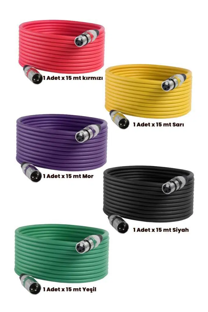 Midex MXL-15M-5x Kaliteli XLR TO XLR 15 mt. Mikrofon Kablosu (5 Adet 5 Renk)