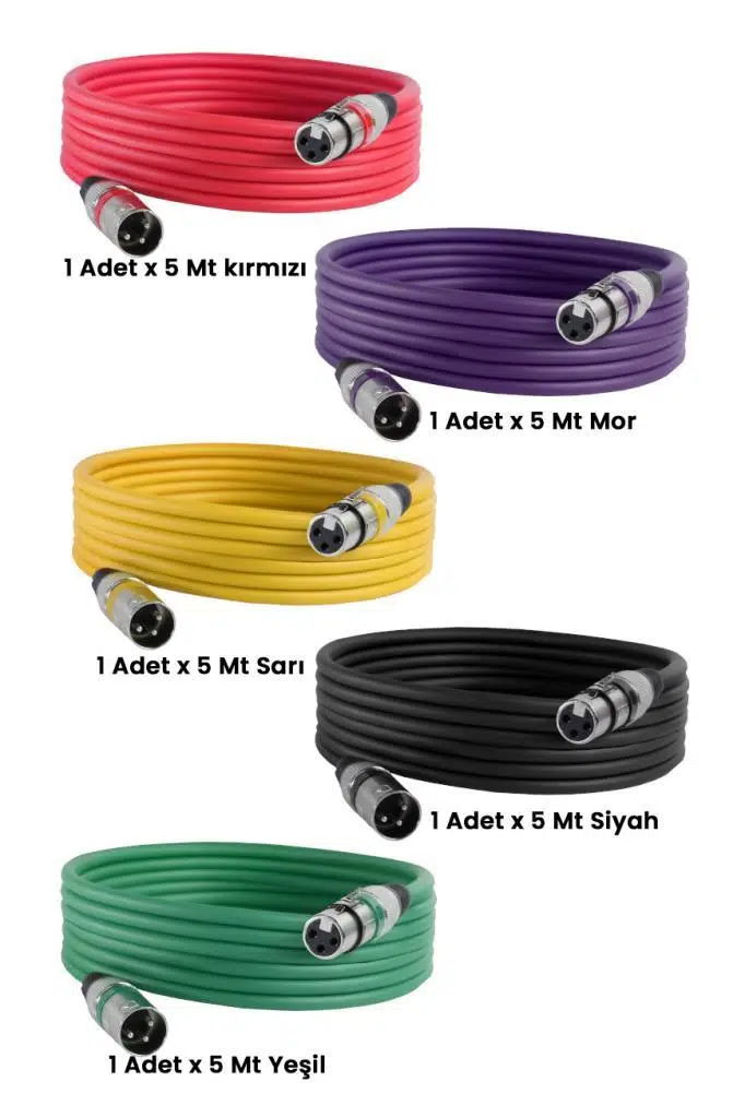 Midex MXL-5M-5x Kaliteli XLR TO XLR 5 mt. Mikrofon Kablosu (5 Adet 5 Renk)