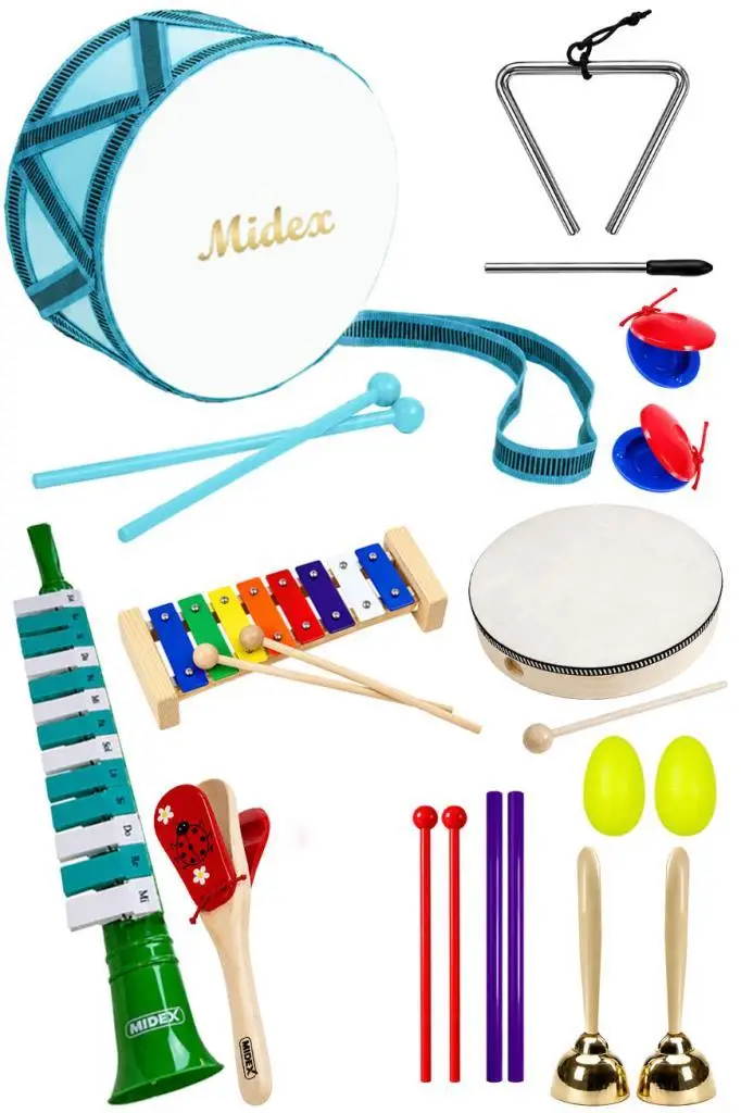 Midex Örf Aletleri Seti Median Paket-2 Maracas Zil Kastanyet Üçgen Ritim Ksilofon Davul Tef (11 Parça)