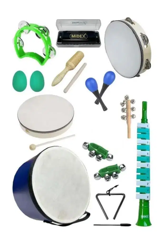 Midex Örf Aletleri Seti Median Paket-3 Maracas Zil Melodika Üçgen Ritim Mızıka Davul Tef (13 Parça)