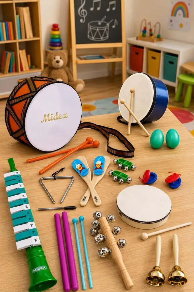 Midex Örf Aletleri Seti Median Paket-3 Maracas Zil Melodika Üçgen Ritim Mızıka Davul Tef (13 Parça)