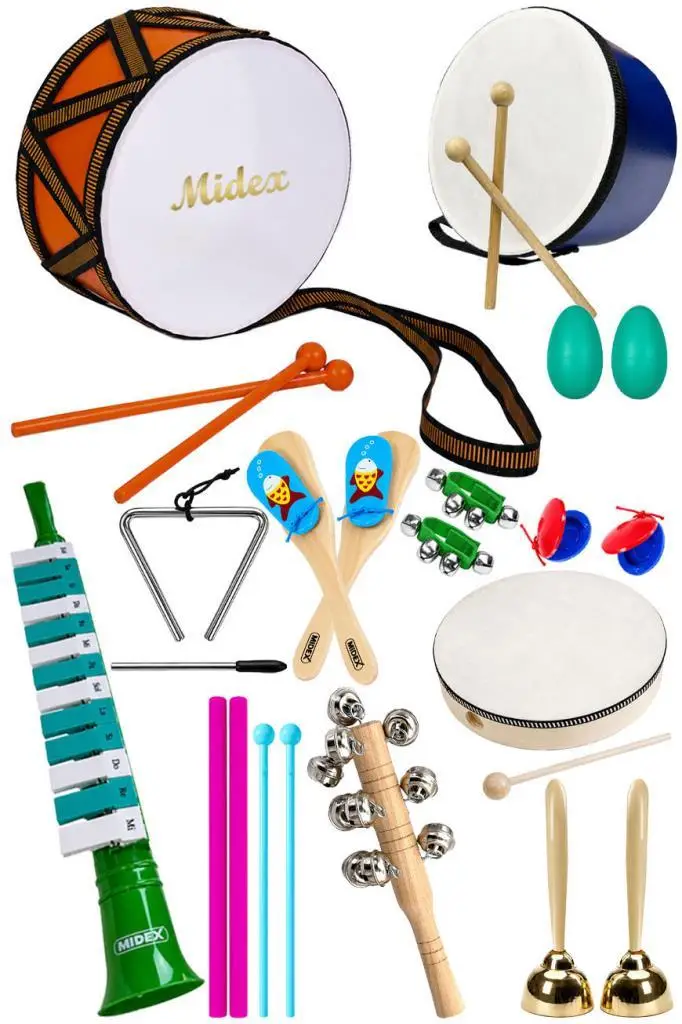 Midex Örf Aletleri Seti Median Paket-3 Maracas Zil Melodika Üçgen Ritim Mızıka Davul Tef (13 Parça)