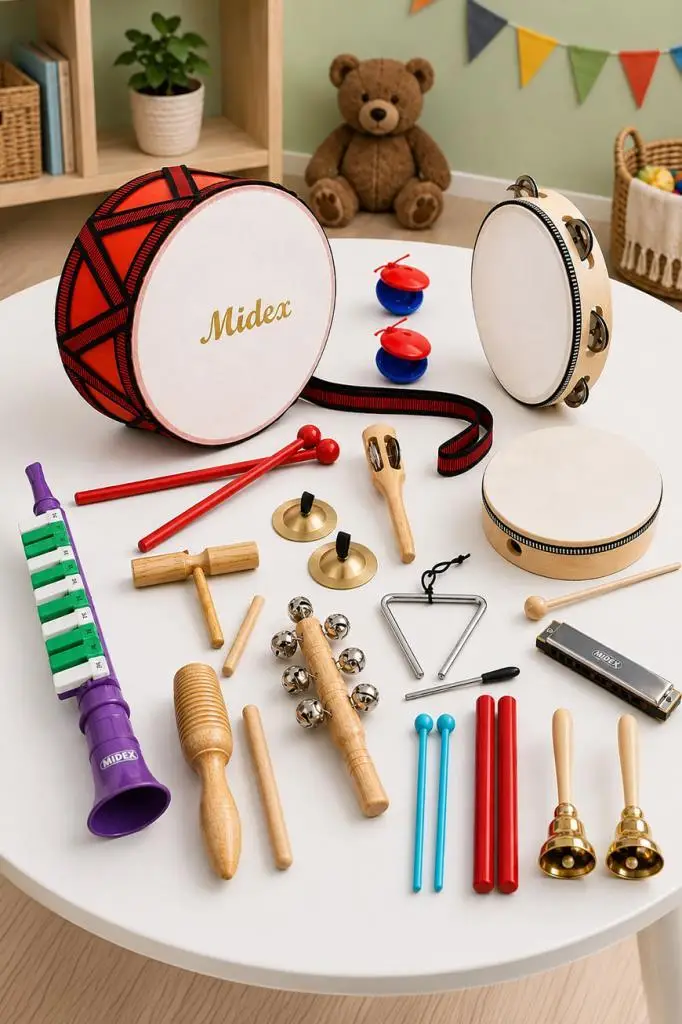 Midex Örf Aletleri Seti Over Paket-1 Marakas Zil Üçgen Ksilofon Melodika Mızıka Davul (15 Parça)