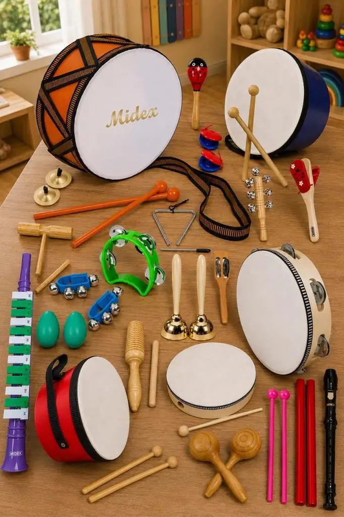Midex Örf Aletleri Seti Over Paket-3 Marakas Zil Üçgen Ksilofon Melodika Mızıka Davul Flüt (23 Parça)