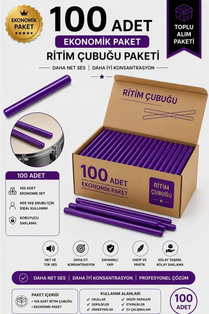 Midex Orf-BT-25PRP-50X Mor Ritim Çubuğu Paketi 25 cm Karbon Fiber Örf Aletleri Seti Toptan Paket (Tek Renk 50 Çift)