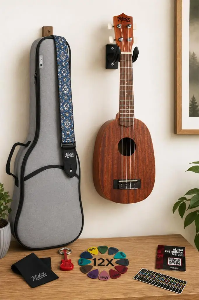 Midex PA-21M Kaliteli Ananas Gövde Maun Ağacı Soprano Ukulele Seti Pineapple Body
