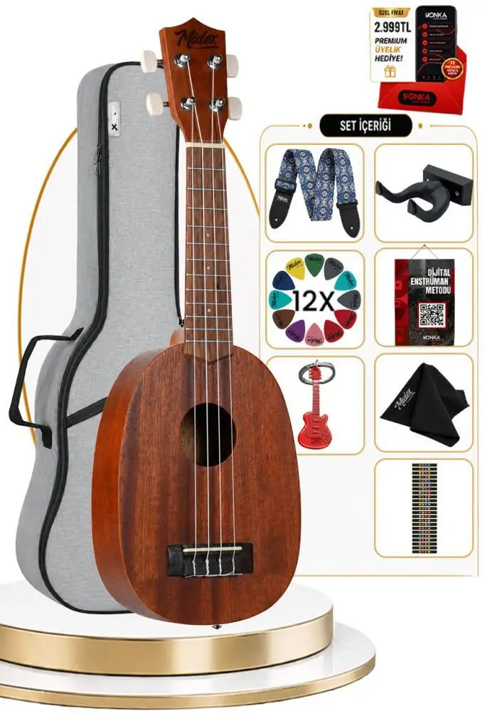 Midex PA-21M Kaliteli Ananas Gövde Maun Ağacı Soprano Ukulele Seti Pineapple Body