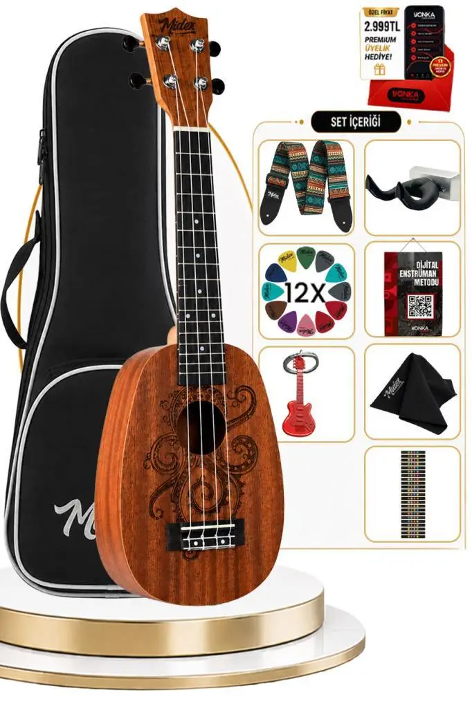 Midex PA-24MT Kaliteli Ananas Gövde Dövme Desenli Concert Ukulele Seti Pineapple Body
