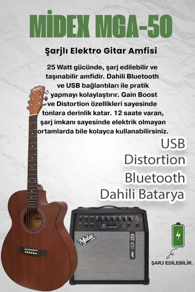 Midex Phx-188-50AMP Elektro Akustik Gitar 50W Şarjlı Bluetooth Amfili Full Set