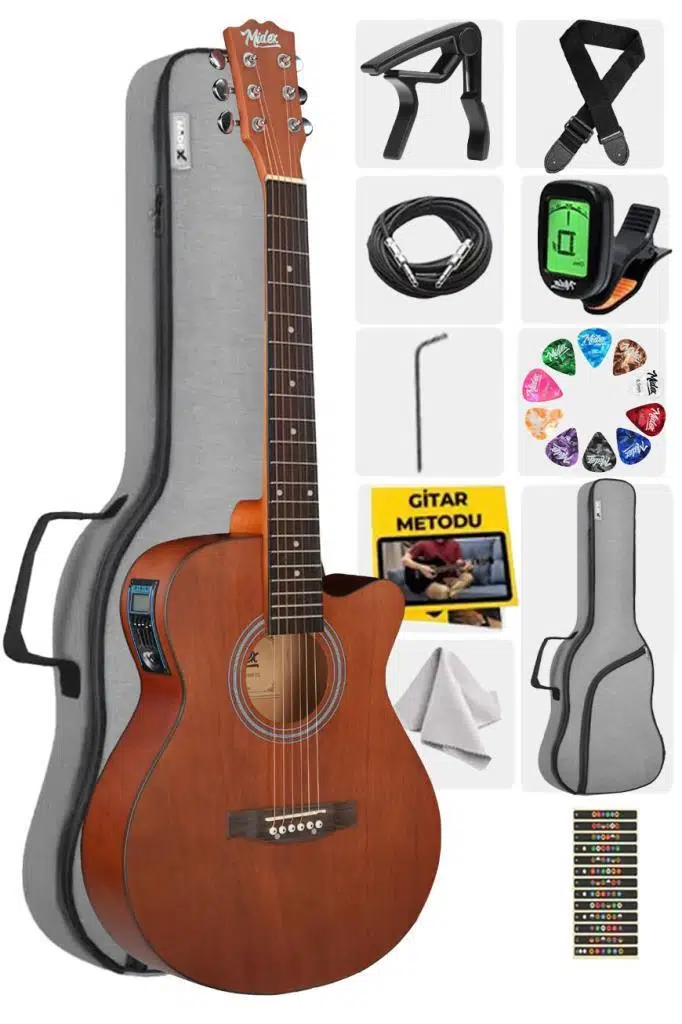 Midex Phx-188EQ Set Masif Ağaç Elektro Akustik Gitar 4/4 (GİGBAG Çanta Tuner Askı Capo Jak Kablo)