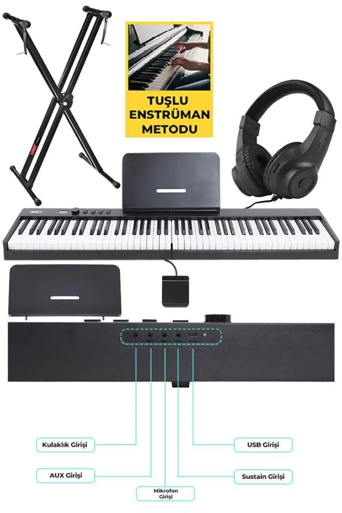 Midex PLX-100BK-ST Taşınabilir Dijital Piyano Tuş Hassasiyetli 88 Tuş Bluetooth Şarjlı (STAND Sustain Kulaklık Çanta Metod)