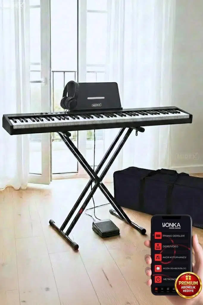 Midex PLX-100BK-ST Taşınabilir Dijital Piyano Tuş Hassasiyetli 88 Tuş Bluetooth Şarjlı (STAND Sustain Kulaklık Çanta Metod)