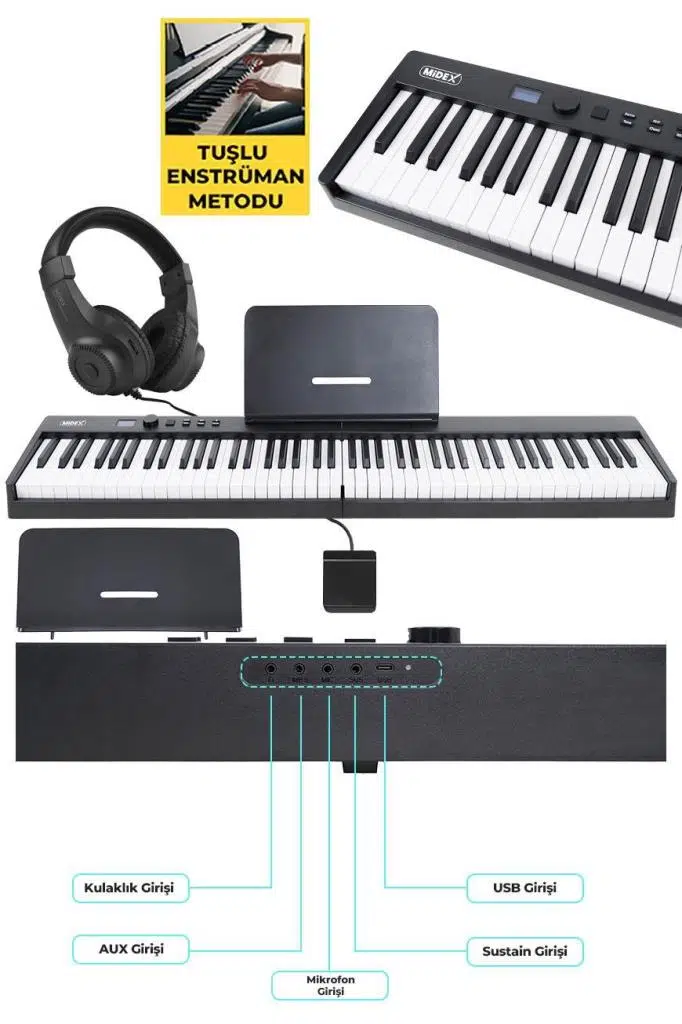 Midex PLX-100BK Taşınabilir Dijital Piyano Tuş Hassasiyetli 88 Tuş Bluetooth Şarjlı (Sustain Pedalı Kulaklık Çanta Metod)