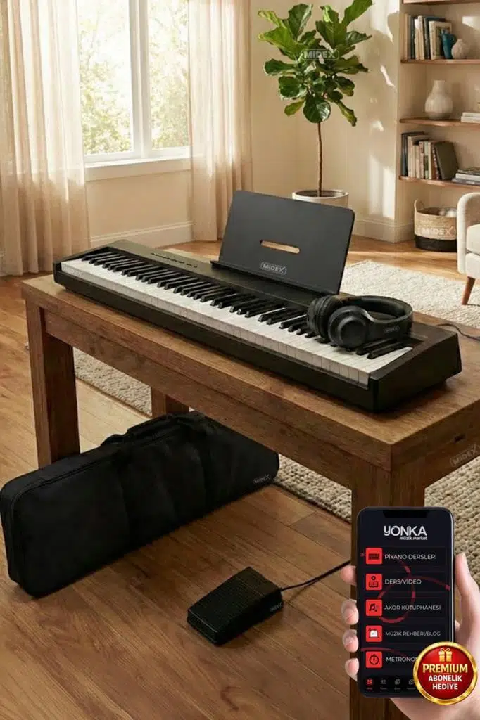 Midex PLX-100BK Taşınabilir Dijital Piyano Tuş Hassasiyetli 88 Tuş Bluetooth Şarjlı (Sustain Pedalı Kulaklık Çanta Metod)