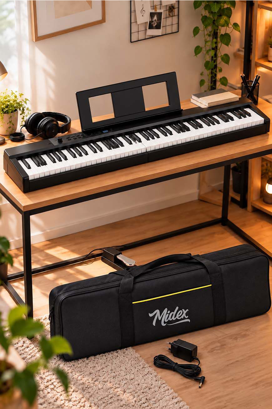 Midex PLX-100BK Taşınabilir Dijital Piyano Tuş Hassasiyetli 88 Tuş Bluetooth Şarjlı (Sustain Pedalı Kulaklık Çanta Metod)