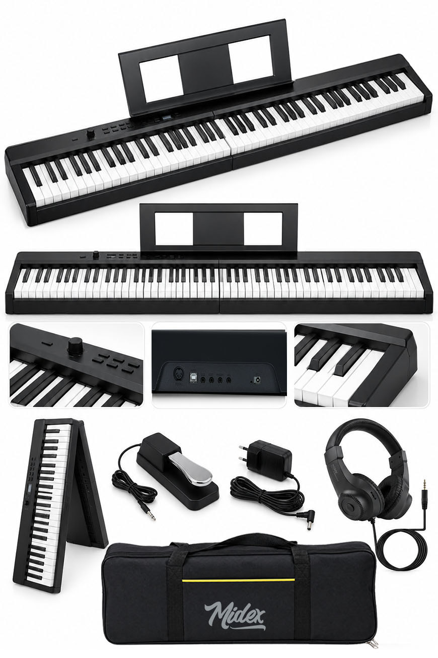 Midex PLX-100BK Taşınabilir Dijital Piyano Tuş Hassasiyetli 88 Tuş Bluetooth Şarjlı (Sustain Pedalı Kulaklık Çanta Metod)