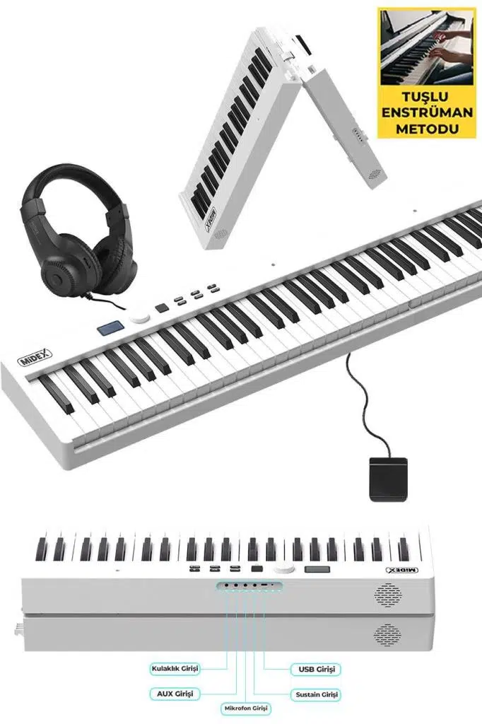 Midex PLX-100WH Taşınabilir Dijital Piyano Tuş Hassasiyetli 88 Tuş Bluetooth Şarjlı (Sustain Pedalı Kulaklık Çanta Metod)