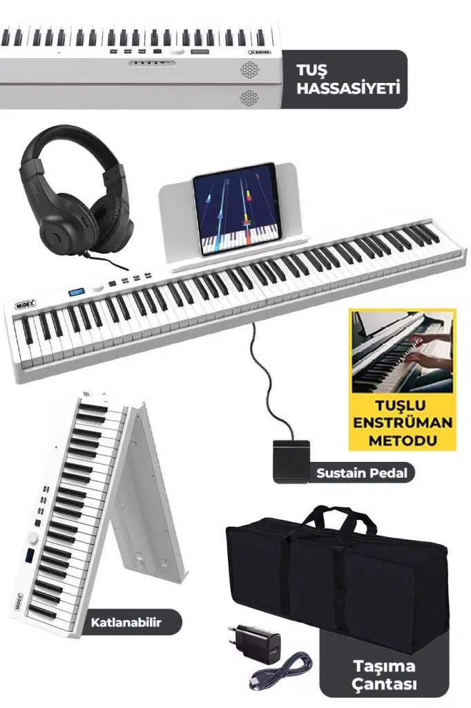 Midex PLX-100WH Taşınabilir Dijital Piyano Tuş Hassasiyetli 88 Tuş Bluetooth Şarjlı (Sustain Pedalı Kulaklık Çanta Metod)