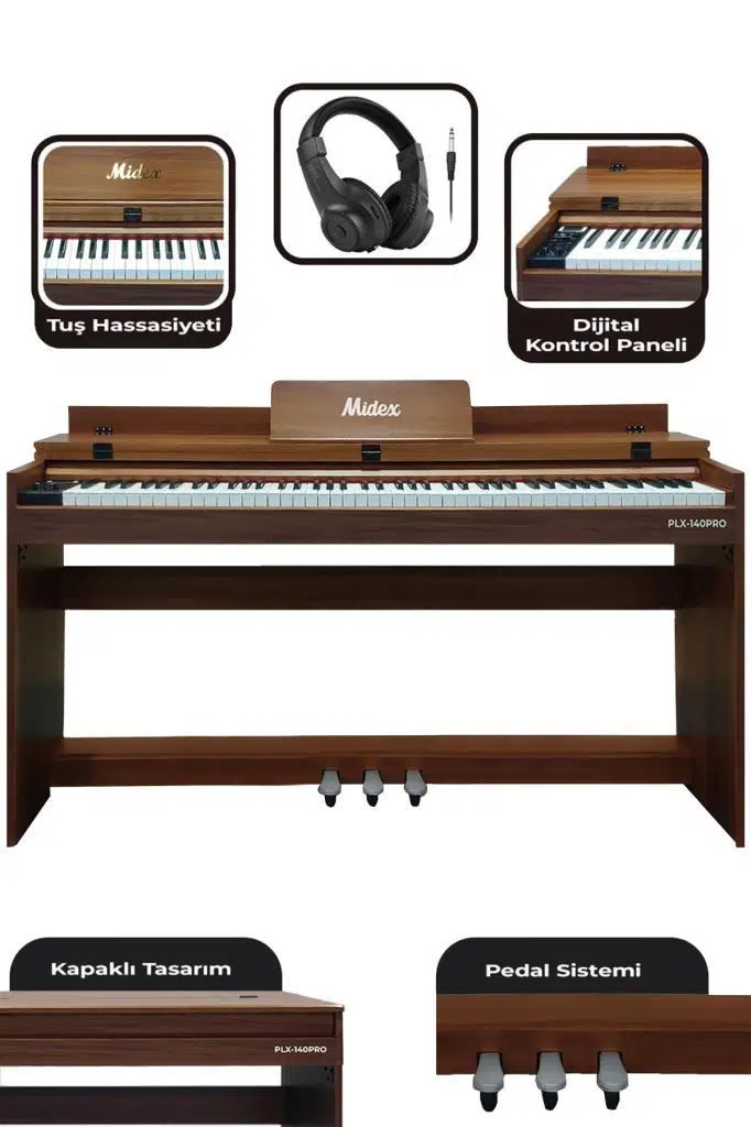 Midex PLX-140-OR-S Dijital Piyano Tuş Hassasiyetli Bluetooth 88 Tuşlu Kapaklı (Kulaklık Dahil)