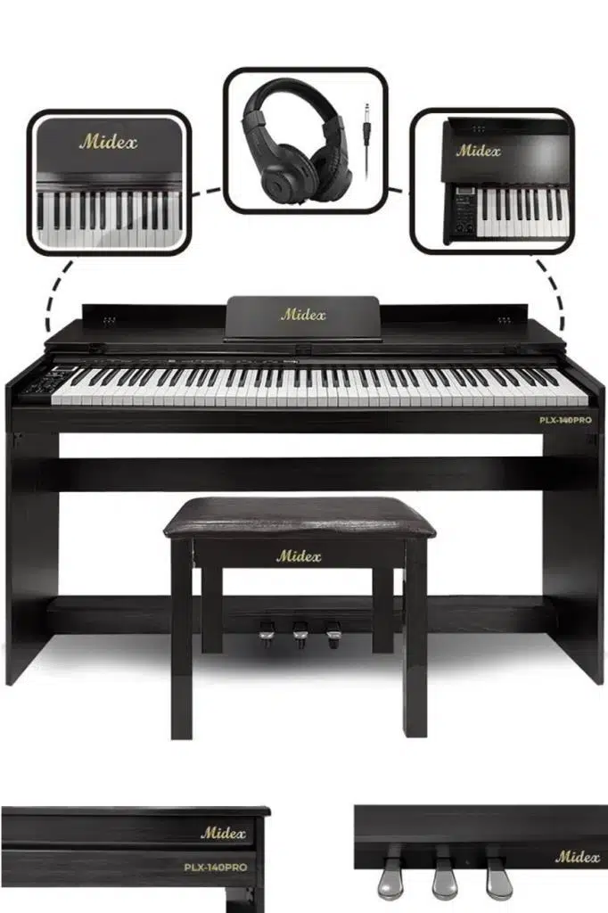 Midex PLX-140 PRO-BK Dijital Piyano Bluetooth Tuş Hassasiyeti 88 Tuşlu Kapaklı (Kulaklık ve Tabure)