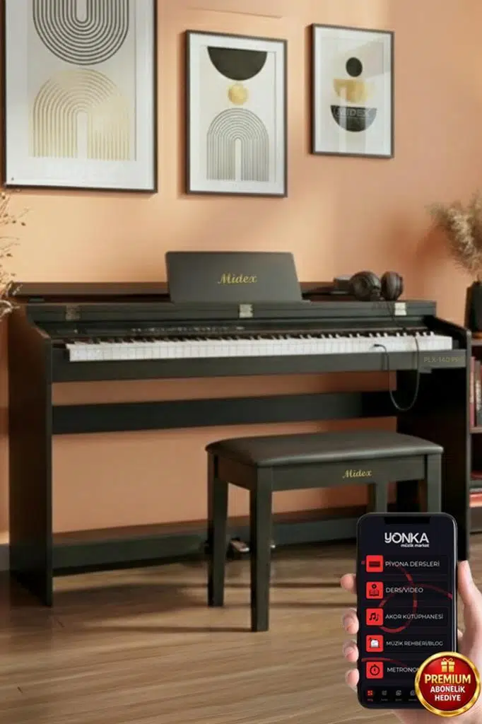 Midex PLX-140 PRO-BK Dijital Piyano Bluetooth Tuş Hassasiyeti 88 Tuşlu Kapaklı (Kulaklık ve Tabure)