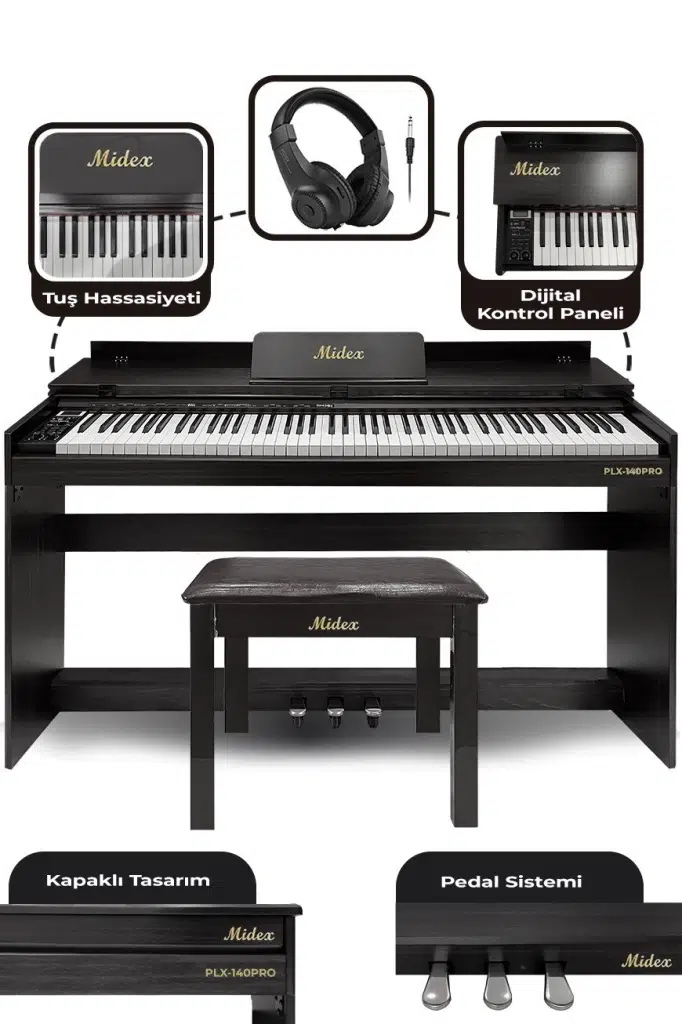 Midex PLX-140 PRO-BK Dijital Piyano Bluetooth Tuş Hassasiyeti 88 Tuşlu Kapaklı (Kulaklık ve Tabure) Midex PLX-140 PRO-BK Dijital Piyano Bluetooth Tuş Hassasiyeti 88 Tuşlu Kapaklı (Kulaklık ve Tabure)