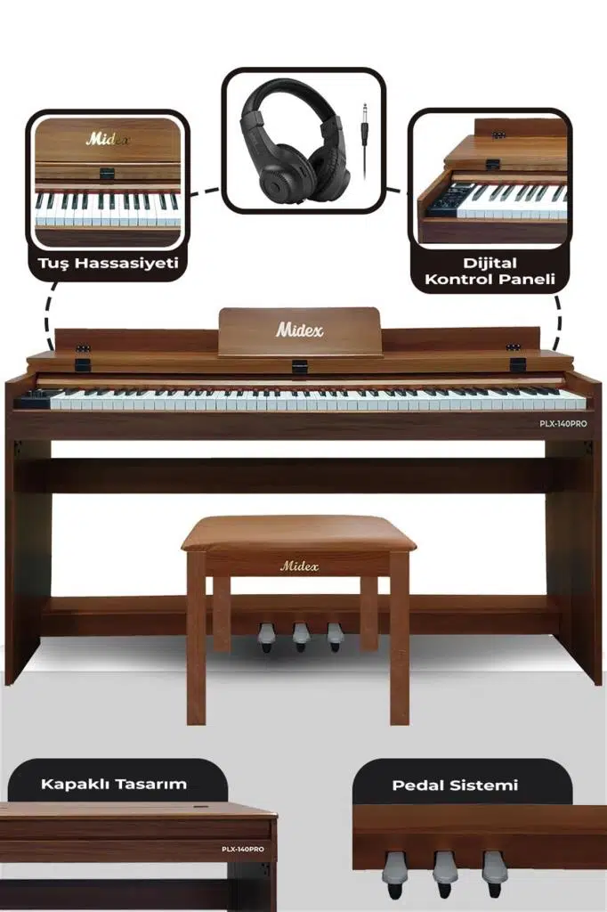 Midex PLX-140 PRO-OR Dijital Piyano Bluetooth Tuş Hassasiyeti 88 Tuşlu Kapaklı (Kulaklık ve Tabure)