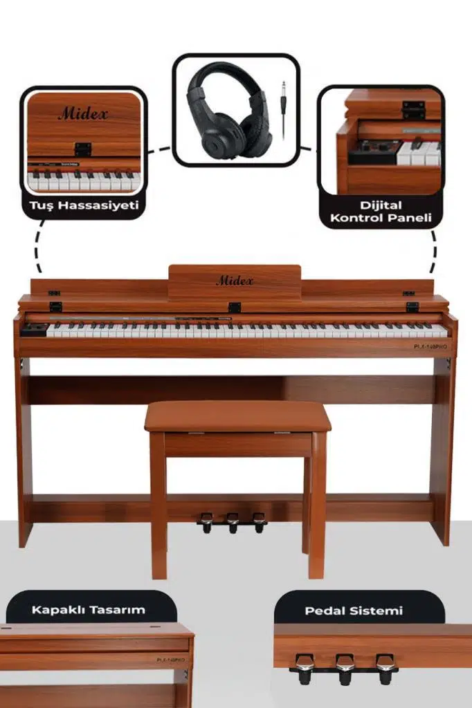 Midex PLX-140 PRO-OR Dijital Piyano Bluetooth Tuş Hassasiyeti 88 Tuşlu Kapaklı (Kulaklık ve Tabure)