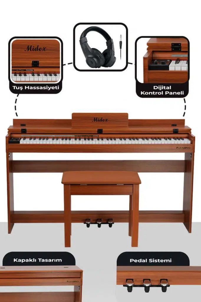 Midex PLX-140 PRO-OR Dijital Piyano Bluetooth Tuş Hassasiyeti 88 Tuşlu Kapaklı (Kulaklık ve Tabure)