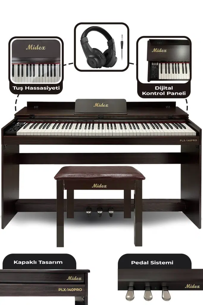 Midex PLX-140 PRO-SR Dijital Piyano Bluetooth Tuş Hassasiyeti 88 Tuşlu Kapaklı (Kulaklık ve Tabure)