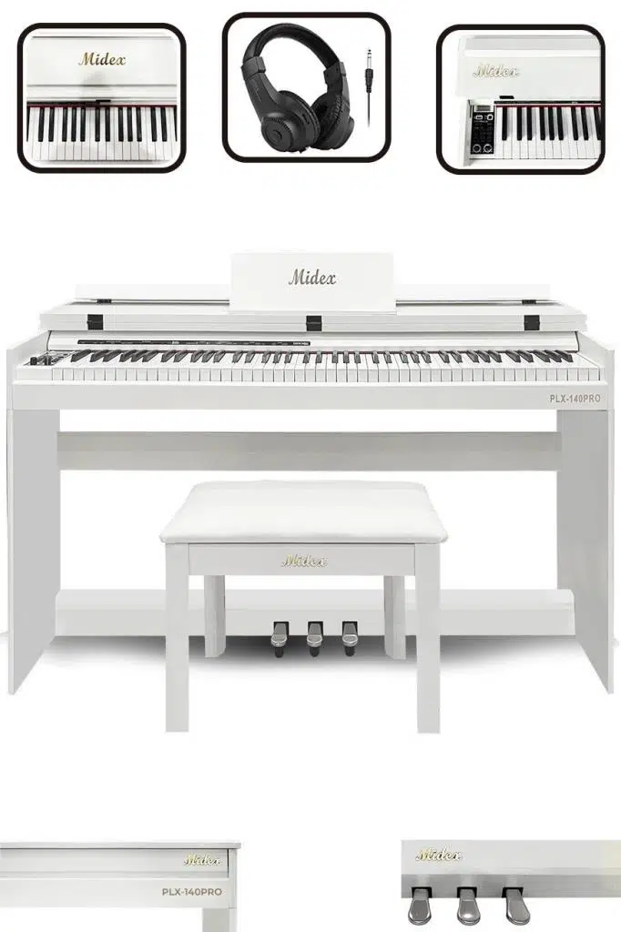 Midex PLX-140 PRO-WH Dijital Piyano Tuş Hassasiyetli Bluetooth 88 Tuşlu Kapaklı (Kulaklık ve Tabure)