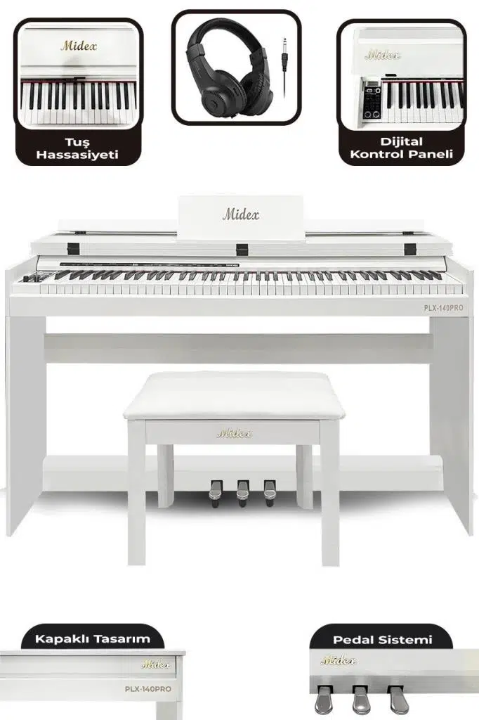 Midex PLX-140 PRO-WH Dijital Piyano Tuş Hassasiyetli Bluetooth 88 Tuşlu Kapaklı (Kulaklık ve Tabure)