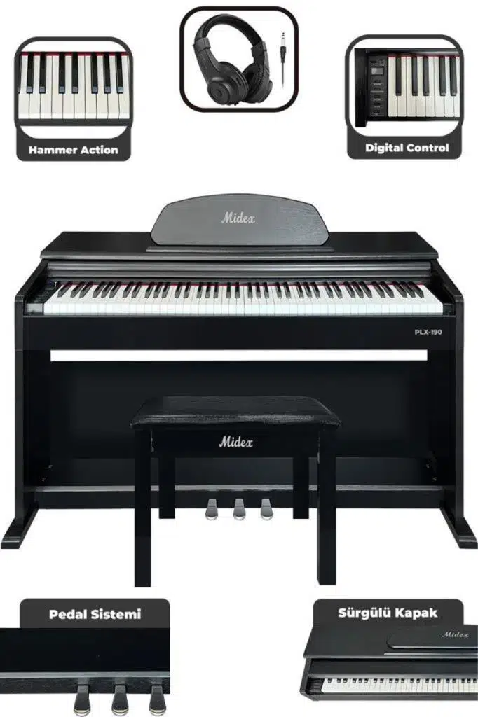 Midex PLX-190BK Siyah Dijital Piyano 88 Tuşlu Hammer Action ve Tuş Hassasiyeti Midex PLX-190BK Siyah Dijital Piyano 88 Tuşlu Hammer Action ve Tuş Hassasiyeti