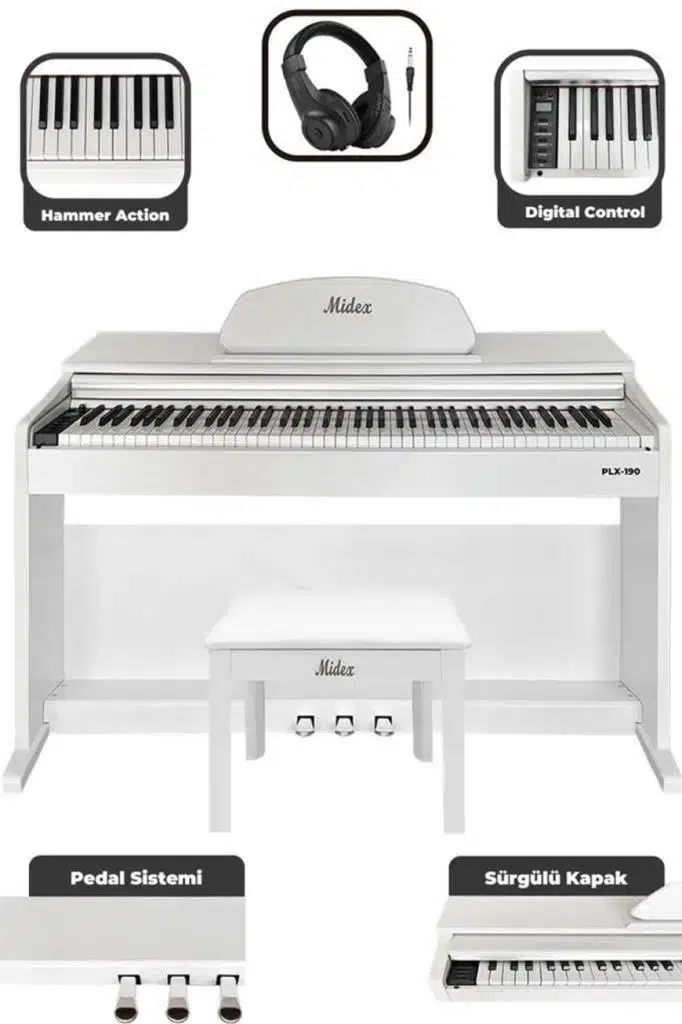 Midex PLX-190WH Dijital Piyano 88 Tuşlu Beyaz Tuş Hassasiyetli Çekiç Aksiyonlu
