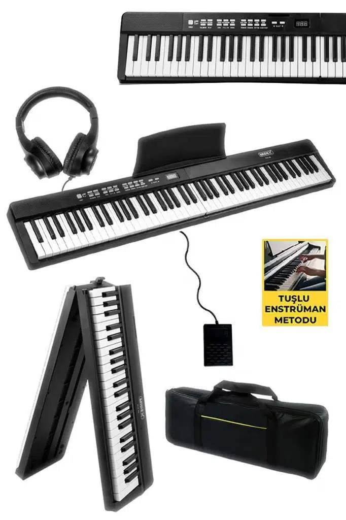 Midex PLX-80BK-ST Taşınabilir Katlanır Dijital Piyano Tuş Hassasiyetli 88 Tuş BT (Stand Sustain Kulaklık Çanta Metod)