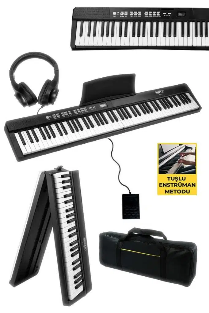 Midex PLX-80BK-ST Taşınabilir Katlanır Dijital Piyano Tuş Hassasiyetli 88 Tuş BT (Stand Sustain Kulaklık Çanta Metod)