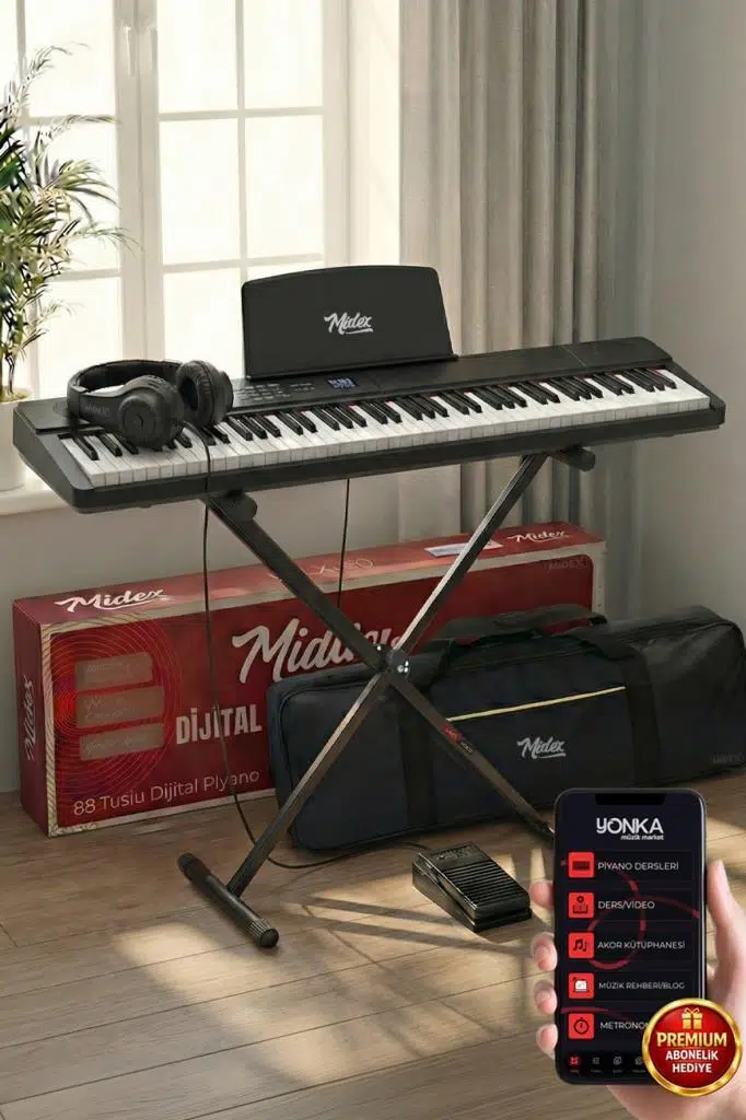 Midex PLX-80BK-ST Taşınabilir Katlanır Dijital Piyano Tuş Hassasiyetli 88 Tuş BT (Stand Sustain Kulaklık Çanta Metod)