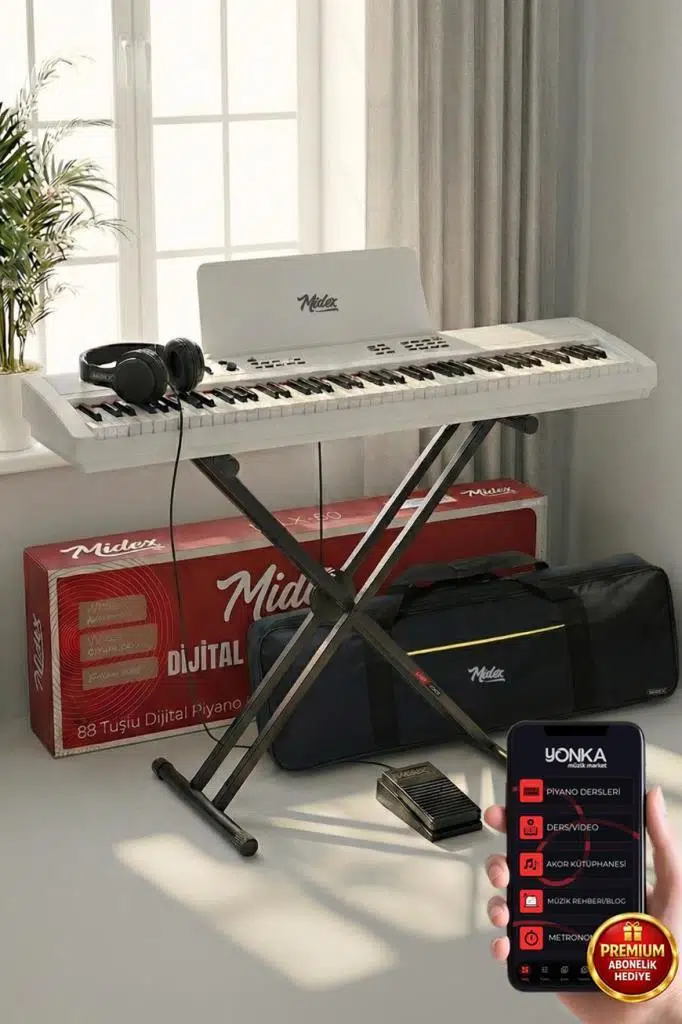 Midex PLX-80WH-ST Taşınabilir Katlanır Dijital Piyano Tuş Hassasiyetli 88 Tuş BT (Stand Sustain Kulaklık Çanta Metod)