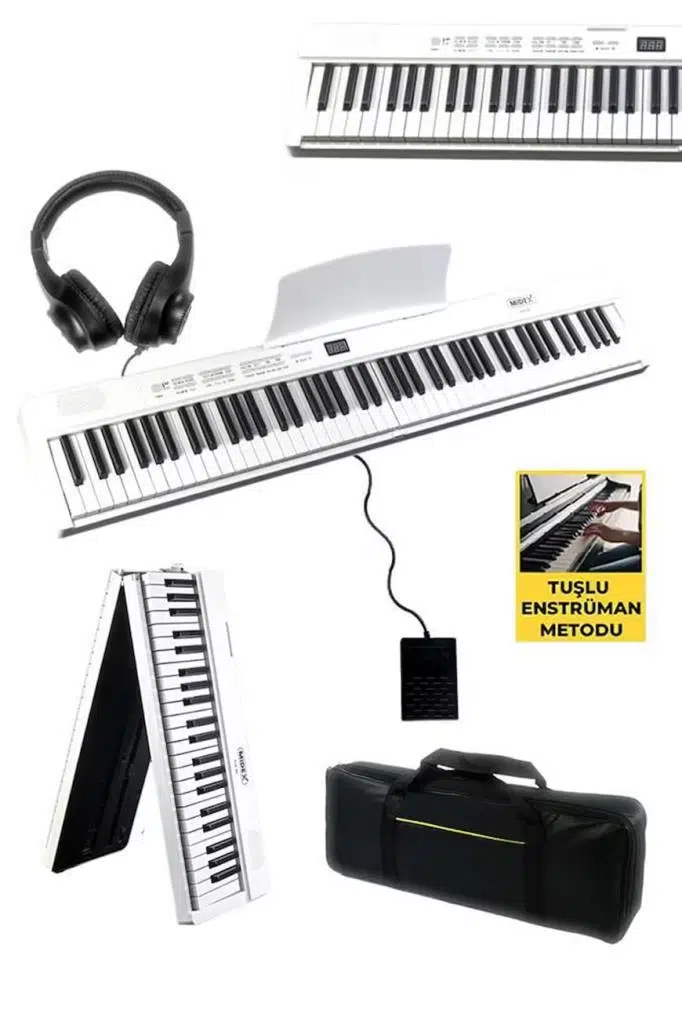 Midex PLX-80WH-ST Taşınabilir Katlanır Dijital Piyano Tuş Hassasiyetli 88 Tuş BT (Stand Sustain Kulaklık Çanta Metod)