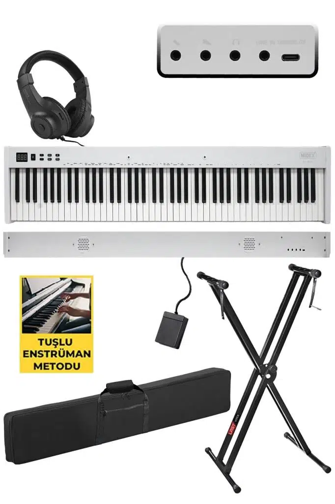 Midex PLX-95WH-ST Taşınabilir Dijital Piyano Tuş Hassasiyetli 88 Tuşlu Bluetooth (STAND Sustain Kulaklık Çanta Metod)