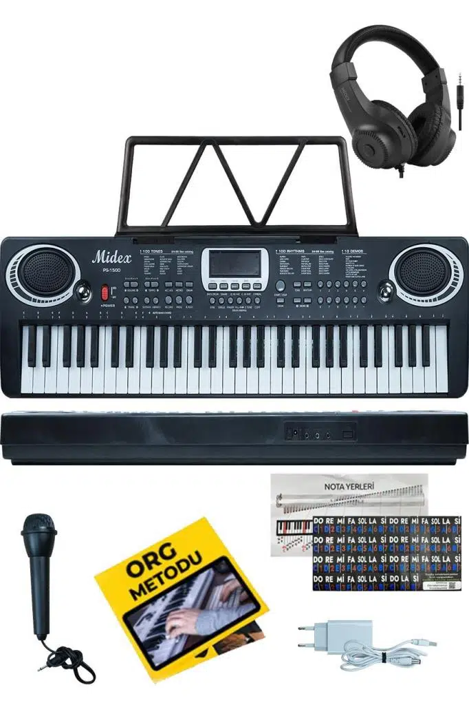 Midex PS-1500BK-H Başlangıç İçin 61 Tuşlu Org Kulaklık Notalık Adaptör Öğrenim Metodu (100 Ses 100 Ritim)