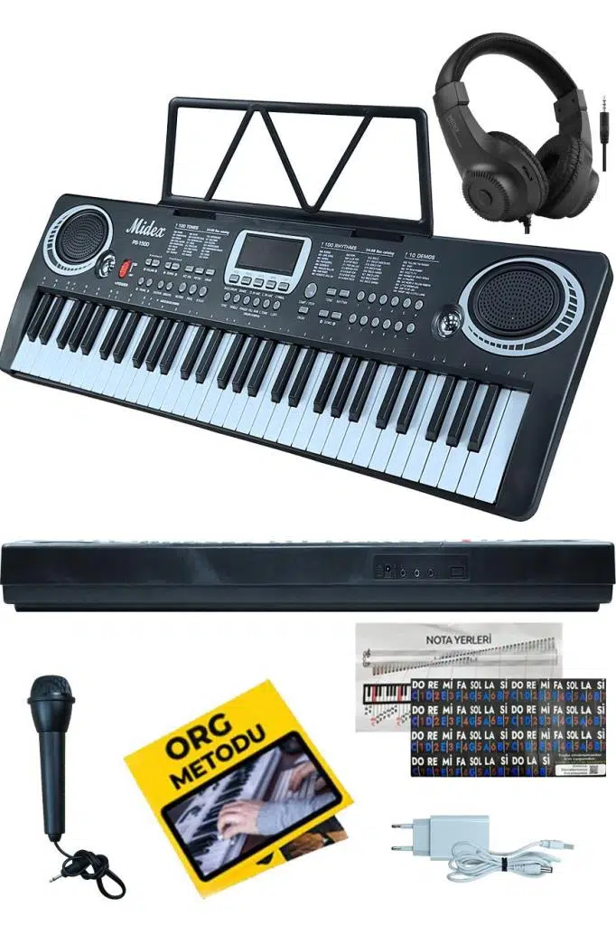 Midex PS-1500BK-H Başlangıç İçin 61 Tuşlu Org Kulaklık Notalık Adaptör Öğrenim Metodu (100 Ses 100 Ritim)