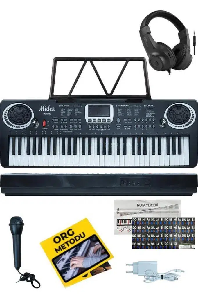Midex PS-1500BK-H Başlangıç İçin 61 Tuşlu Org Kulaklık Notalık Adaptör Öğrenim Metodu (100 Ses 100 Ritim)