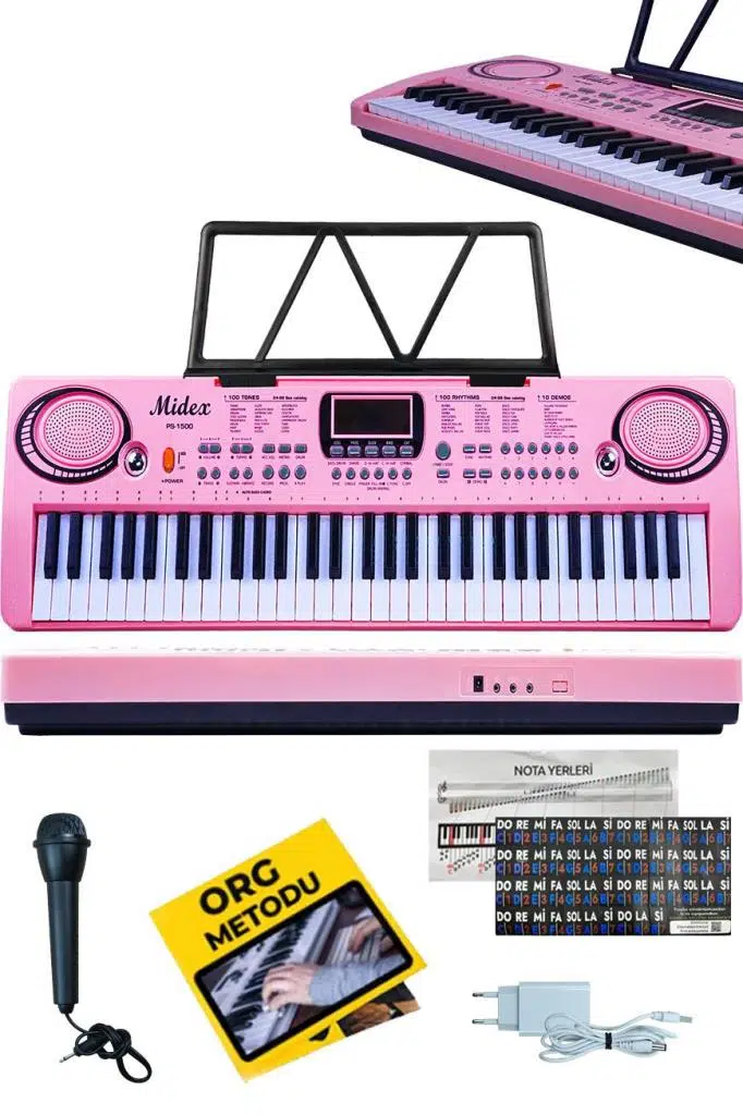 Midex PS-1500PK Başlangıç İçin 61 Tuşlu Org Pembe Renk Notalık Adaptör Mikrofon METOD (100 Ses 100 Ritim)