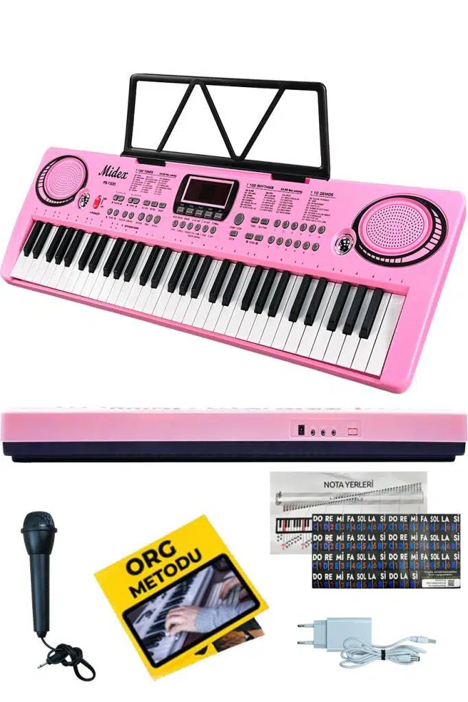 Midex PS-1500PK Başlangıç İçin 61 Tuşlu Org Pembe Renk Notalık Adaptör Mikrofon METOD (100 Ses 100 Ritim)